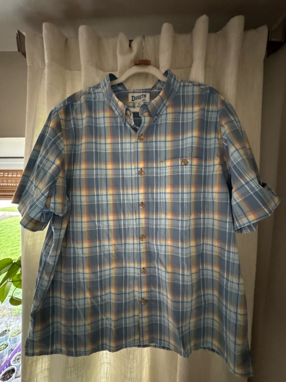Duluth Trading Co Light Blue and Yellow Plaid Short-Sleeve Button-Down Shirt